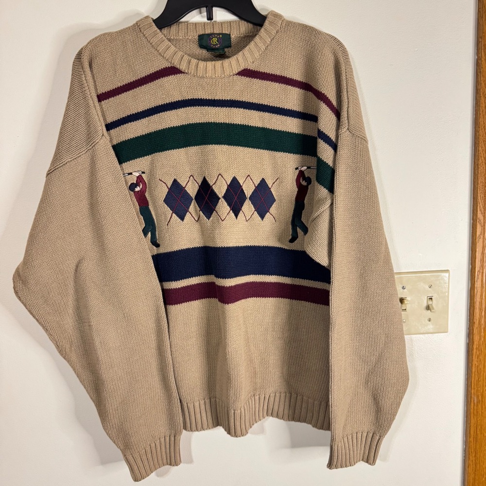 Club Room Vintage Men's Golf Argyle Striped Knit Sweater Tan Crewneck Pullover‎